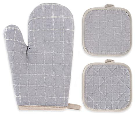 Set di 1 guanti da forno e 2 presine da Cucina in Cotone con Motivo a Disegno Scozzese - Resistenti al calore, Anello di Appendimento, Design Unico (Grigio)