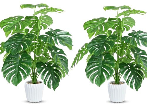 Yuanlne 28 Set of 2 Fake Plants Large Tropical Palm Tree Artificial Monstera Faux Plant Tree in Pot for Indoor Outdoor Home Office Garden Decoration
