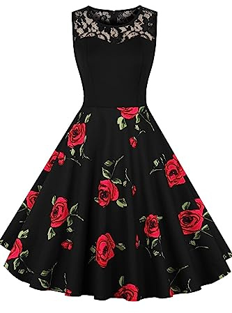 AXOE Women's Vintage Fit & Flare Dress 1950s Style Floral Print Sleeveless, Below Knee, UK Size 16 | Fitted Stretch Bodice & Cotton Flare Skirt, Lightweight, A-Line, Knee-Length for Cocktail Party, Brunches, Wedding Guest