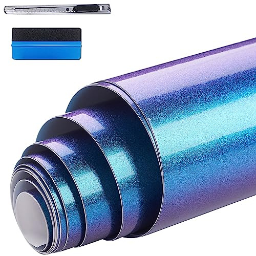 NewL Hochglanz-Chamäleon-Vinylfolie, blau bis lila, glänzend, Auto-Aufkleber, blasenfrei, für Karosserie-Außendekoration, 10 cm x 100 cm | Blau-Bis-Lila-Chamäleon-Optik, Montagewerkzeug inkl., Luftkanal-Technik, wetterfest, dehnbar, für Auto-Innen- & Außendekor