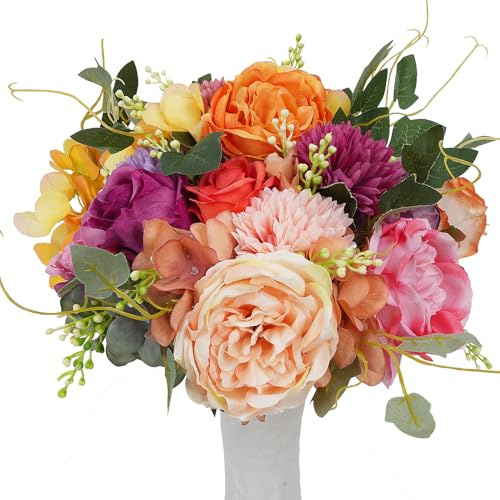 SCLLNDA 4 Bündel Künstliche Blumen Pfingstrose Künstliche Hortensie Kunstblumen Rose Unechte Blumen Deko Blumenstrauß Tischdekoration Hochzeitssträuße für Party Home Decor