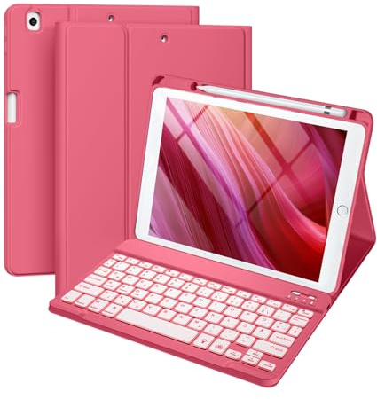 Vobafe Hülle mit Tastatur Kompatibel für iPad 9./ 8. /7. Generation 10.2 Zoll mit Stifthalter, Magnetisch 7 Farben Beleuchtung, Wiederaufladbar Abnehmbarer QWERTZ iPad Tastatur,Rot