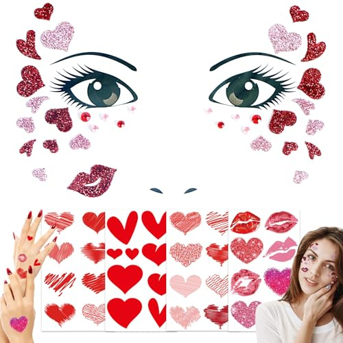 Sugeru 5pcs LOVE-Herz Face Art & Tattoo Sticker - Butterfly,ablösbare Gesicht Aufkleber, Temporäre Tattoos, Glitzer Face Paint für Fasching, Karneval, Halloween, Kinder und Erwachsene, bunt