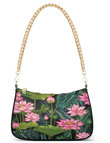Sac à bandoulière en chaîne pour femme Lotus Monstera, palmier, feuilles de bananier, sac fourre-tout, sac à main sous les bras, petit sac à bandoulière à fermeture éclair, A762, 18 x 28 x 7 cm