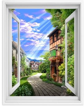 LXURY Fensterblick Leinwand Bilder-Offenem Fenster Landschaft Bild Druck auf Leinwand-Wandbilder Wandkunst für Wohnzimmer-Town Street Sunshine 30x40cm12x16inch Ungerahmt