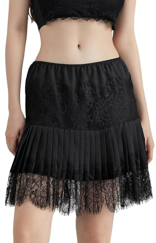 Damen-Minirock mit Spitze, Y2K, Rüschen, niedrige Taille, Slip, mehrlagig, plissiert, fließender Rock, A1 schwarzer Spitzenrock, Mittel