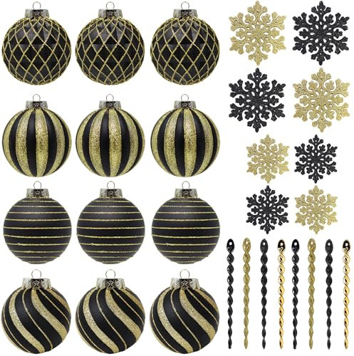 SLEETLY 28pk Black Gold Christmas Baubles for Tree Decorations - Holiday Xmas Shatterproof Plastic Ball Ornaments, Icicles and Snowflakes Set