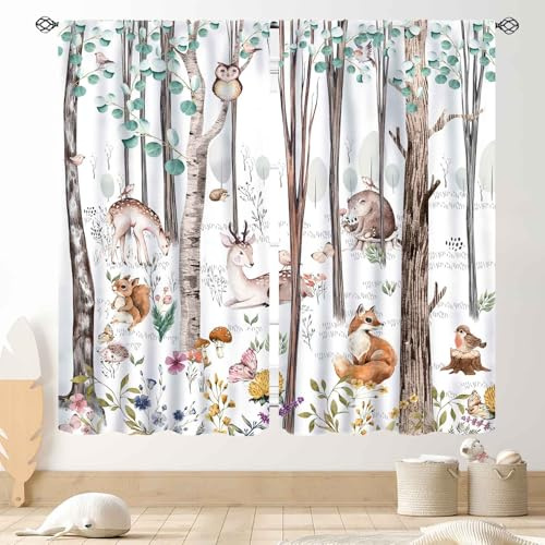 Woodland Curtains for Kids Room Nursery, Rustic Woodland Wild Animals Watercolor Forest Bear Deer Fox Country Blackout Window Draeps for Baby Girls Boys Bedroom Living Room 2 Panels Set, 42x45 Inch