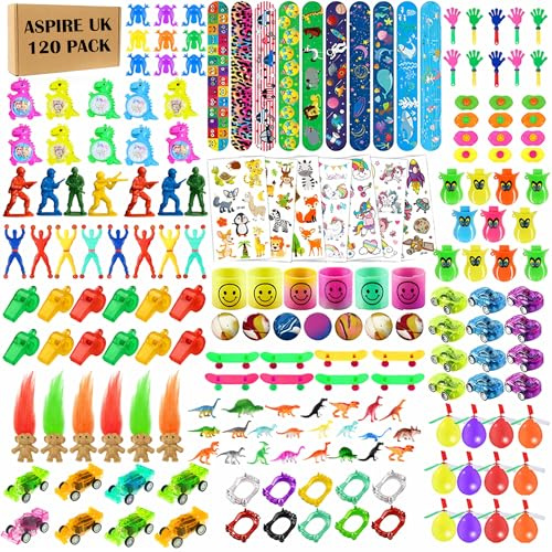 ASPIRE UK 120 Pack Kids Party Bag Fillers Bulk Lucky Dip Toys Set, Assorted Mini Toys for Boys & Girls, Slap Bands, Whistles, Sticky Hands, Dinosaurs, Cars, Bouncy Balls & Party Favours