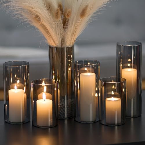 Glasseam Windlicht Glas Glaszylinder Kerzenhalter: 6er Set Kerzenständer Schwarz Windlicht Outdoor Zylinder Kerzengläser Vase für Wohnzimmer Deko Modern Windlichter für Tisch Garten Dekoration