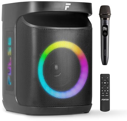 Fenton Pulse65 musikbox bluetooth, stor 140 W, vattentät, batteri 12 H, UHF-mikrofon, BT 5.3, FM-radio, fjärrkontroll, festlåda, bluetooth-låda, stor, stereo-parning, bärbar musikbox, boombox – svart