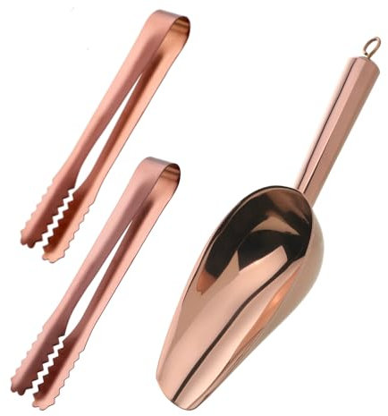 Stainless Steel Ice Scoop and Ice Tongs Small,Set of 3 Round Bottom Bar Ice Utility Scoop, 6 Inches Serving Tongs with Teeth for Large Cubes, Freezer, Ice Bucket，Beach, Party, Bar (Rose Gold)