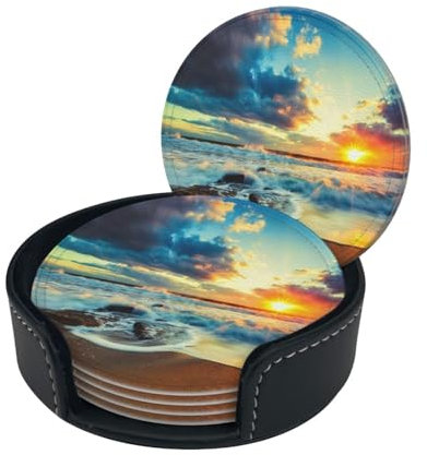 Sunset Beach Untersetzer, rund, personalisierbar, bedruckt, mit Aufbewahrungsset, 6 Stück