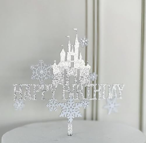 AILEXI Acryl Glitter Kuchen Dekorieren Toppers.1pcs Happy Birthday Schloss Silber Weiß und 8 weiße Schneeflocken A502