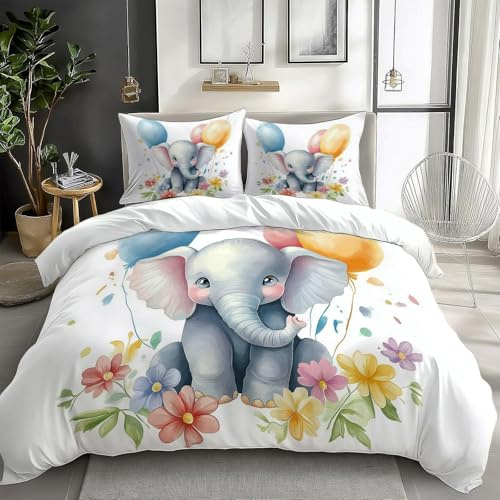 Générique Parure de lit 260 x 240 cm Adulte Enfant Ballon Éléphant Animal de Dessin Animé Housse de Couette, Ensemble de literie avec 1 Éléphant de Dessin Animé Housse de Couette + 2 Taie d'oreiller