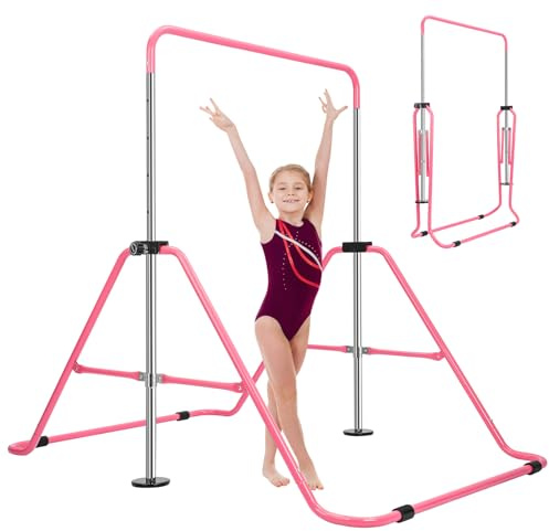 LN COZY CORNER Gymnastics Bars, Junior Training Kip Bar Folding Gymnastics Equipment,Adjustable Height Horizontal Bar for kids ages 6-12 Girls for Home Gym Indoor Garden Outdoor (Pink)