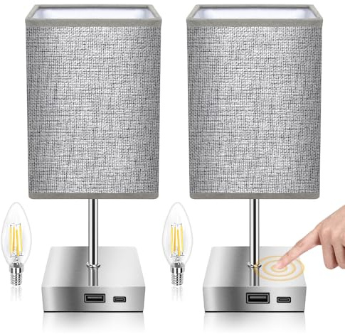 Totofac GreyFlaxen Fabric Shade Bedside Table Lamp Set of 2 with USB-C & A Charging Ports, 3-Way Dimmable Nightstand Light, Bulb Included