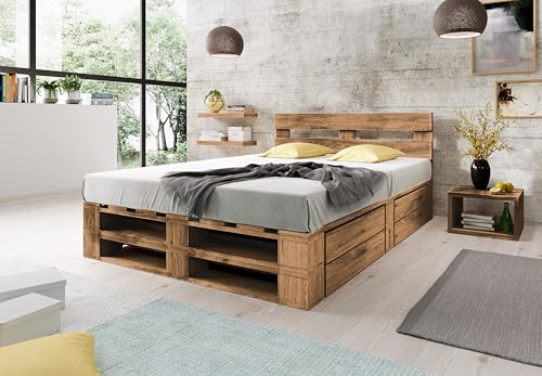 Lermowood Palettenbett M2 aus Holz 160 x 200 cm Eiche mit Kopfteil und 2 Bettkästen Holzbett 30cm Stabiles Seniorenbett Kinderbett Jugendbett Gästebett erhöhtes Bettgestell Futonbett Komforthöhe