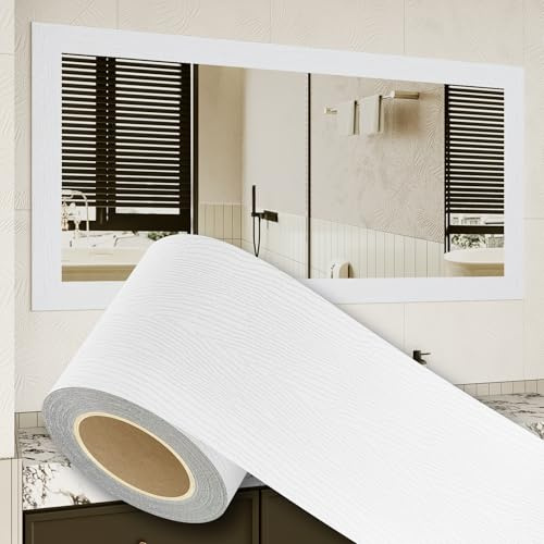 ZRJT Peel and Stick Wallpaper Borders 390” x 4” Self Adhesive Mirror Frame Border Wood Grain DIY for Kitchen Bathroom Mirror Removal Border Sticker Wall Decor Cover 10.8 Sq.Ft, White Wood