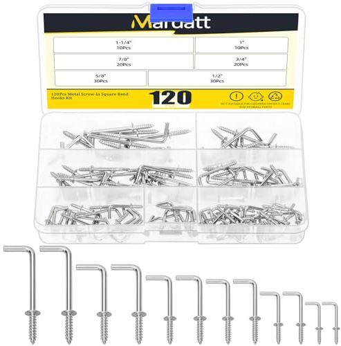 Mardatt 120 Stück 6 Größen Square Bend Hooks Biegen Haken, Sliver verzinkt L Haken Schraube Kit Selbst-Tapping Schraube L Typ Fotorahmen Rechtwinkel