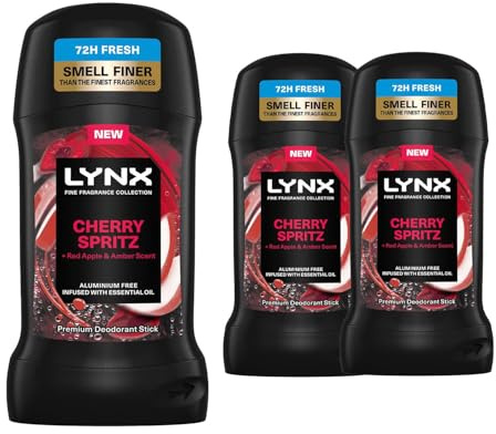 Lynx Fine Fragrance Collection Stick Deodorant for Men Cherry Spritz, Pack of 3, 72 Hours Odour Protection Aluminium-Free Premium Deodorant Stick Infused with Essential Oils, 50 ml
