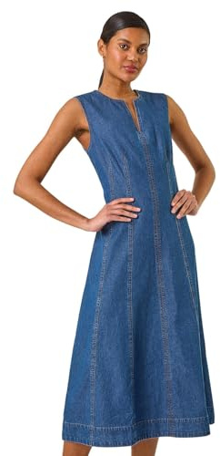 Roman Originals Denim Dress for Women UK - Ladies Jean Tunic Shift Cotton Panneled Midi A-Line Linen Smock Casual Knee Length Sleeveless Summer Straight Dresses - Blue Denim - Size 12