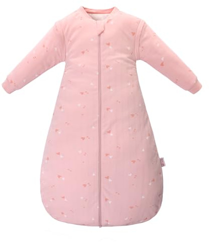 amo nenes Babyschlafsack 2.5 TOG, Baby Herbst Winter Langarm Schlafsack, 100% Baumwolle, abnehmbare Ärmel, Length 90cm, 6-18 Monate (Rosa Herz)