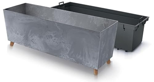 Planters Pride Quadro 77cm Raised Rectangular Planter on Legs, Concrete | Self-Watering 27L Recycled Plastic Plant Trough with Insert | Outdoor/Indoor Large Beton-Effect Low-Profile Planter Box