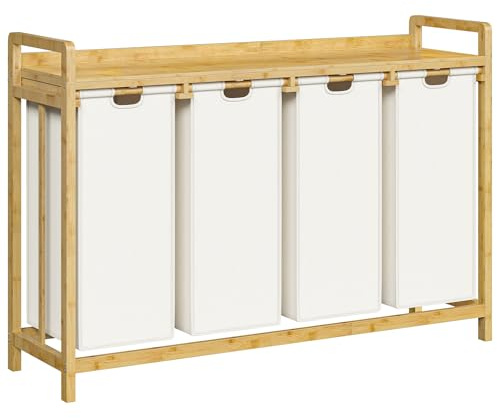 HOOBRO Cesto de Ropa Sucia de 4 Compartimentos, Clasificador de Ropa con Estante, Bolsas de Tela Oxford Desmontables de 4 x 43 L, Marco de Bambú, para Dormitorio, Baño y Salón, Natural EYL83XY01