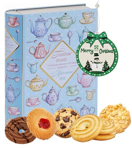 Afternoon Tea Book Biscuit Tin - Decorative Pastel Blue Book Filled with Assorted Chocolate Biscuits 260g & Christmas Tree Decoration. Biscuits Gift Set for Stocking Fillers, Christmas Gifts