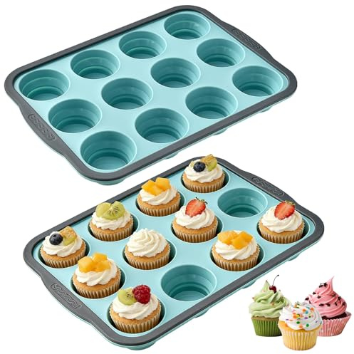 2 Stück Muffin Backform für 12 Muffins, Silikon Backform, Antihaftbeschichtet Muffinblech Ø56x31.5mm, Silikon Muffinförmchen für Brownies, Cupcakes, Pudding, Egg Tarts Einfach Herausnehmbar(Blau)
