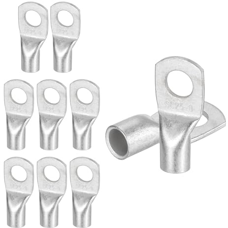 sourcing map 10 Pcs Tinned Copper Wire Lugs 4AWG 21/64 Wire Connectors Marine Grade Battery Cable Ends Ring Terminals SC25-8NH Battery Cable Lugs, Silver