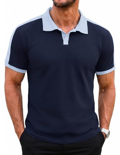 iClosam Polo Homme Manches Chemises Slim Fit Courtes Été Décontracté Vacances avec Boutons Tricot Golf T-Shirts Contraste Été
