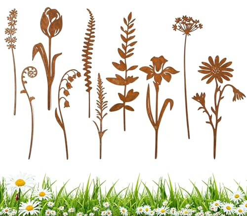 Zinueen trädgårdsspett rost blommor trädgårdsdekor för utomhusbruk, set med 10 metallblomsterspett rostdekor rostspett, vintage dekor för gräsmatta gård balkong