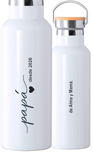 Botella Térmica 500ml para Papá, Acero Inoxidable, Doble Pared, 500ml, Personalizada con Año y Dedicatoria, Blanca (PAPÁ FIRMA)