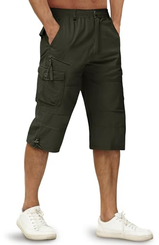 TACVASEN Herren Kurze Hosen 3/4 Cargo Shorts Baumwolle Sommer Dreiviertel Bermuda Cargohose Arbeitshosen mit Taschen
