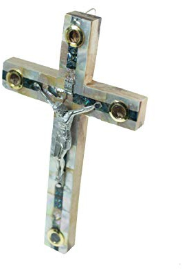 Jerusalem Kreuz, Olivenholz, Perlmutt, handgeschnitzt, 20,3 cm. Wandkreuz, Wohnzimmer