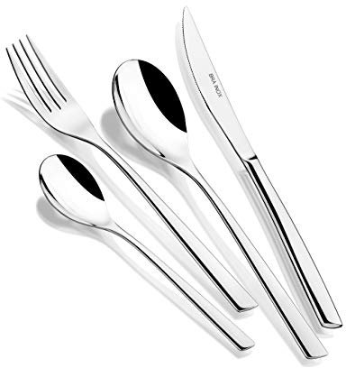 BRA Bari Set de cubiertos de 24 piezas de acero inoxidable con cuchillo chuletero, acero inoxidable 18/10, diseño contemporaneo, acabado pulido brillante, espesor 3.5 mm (6 comensales)