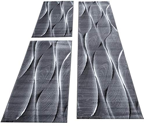 HomebyHome Modernes Bettumrandungs-Läuferset in Kurzflor, 3-teilig, Fußbodenheizunggeeignet, 12 mm Polypropylen, Jute-Rücken Farbe: Schwarz-6