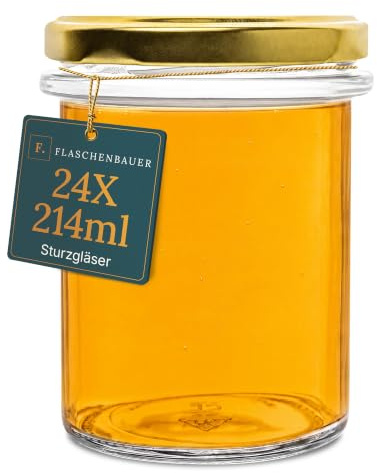 Flaschenbauer - 24er Set Sturzgläser 214ml - Einmachgläser mit Deckel TO66, Marmeladengläser, Schraubgläser, Joghurtgläser, Sturzgläser zur Aufbewahrung, Twist-Off-Deckel - Made in Germany (Gold)
