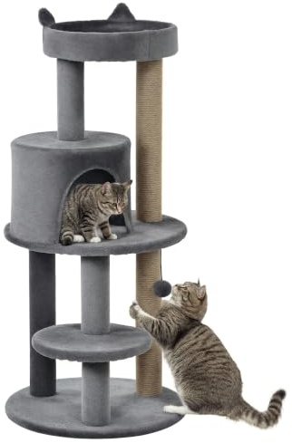 PawHut 104 cm Cat Tree with Scratching Posts, Plush Perches, Grey | Cat Condo Tree Tower, Kitten Activity Centre, Hanging Ball