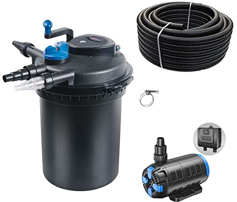 AquaOne Kit de filtration pour bassin N° 53 CPF 10000 - Filtre sous pression réglable - 18-80 W - Pompe de bassin de taille jusqu'à 12000 l - Tuyau d'étang