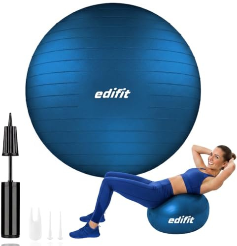 EDIFIT, Pelota de Pilates, 55,65 y 75, Ejercicio en Casa, Incluye Hinchador, Fitball, Embarazadas, Accesorios Yoga, Gimnasio, Varios Tamaños (65cm, Azul)