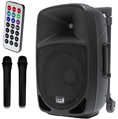 Italian Stage IS FR12AWV2 - Sistema audio Trolley Amplificato 12 a batteria con 2 microfoni wireless UHF, SD Card, USB, modulo Bluetooth e telecomando, 200w di Picco, Nero