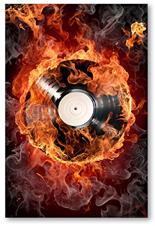 Postereck - 0057 - Feuer Schallplatte, DJ Sound Flammen Rock Musik - Wandposter Fotoposter Bilder Wandbild Wandbilder - Leinwand - 60,0 cm x 40,0 cm