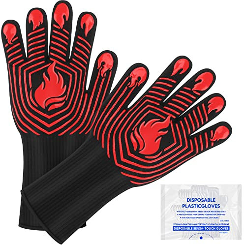 Guantes de Barbacoa, Resistentes al Calor, ignífugos, de Silicona, Antideslizantes, Lavables, para Cocina, Cocina, Horno, Camping, ahumador (Rojo)