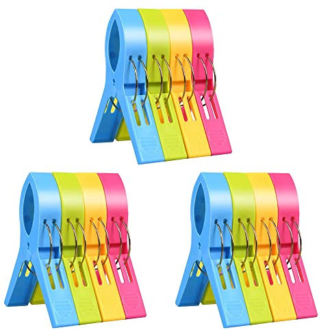 Newaner Grandes Toalla Clips de Plástico Fuerte - Pinzas Durables y Resistentes al Viento para Playa, Ropa Pesada y Lavado - Brillante Color (12 Piezas)