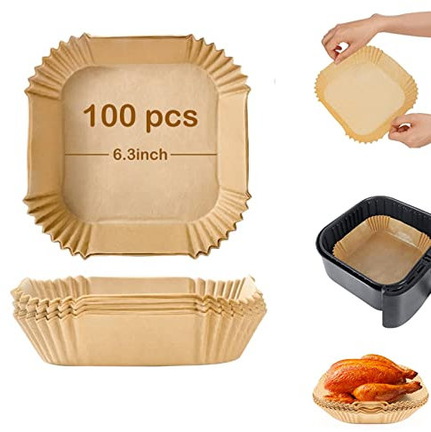 HIUOUIH Air Fryer Feuilles de Papier 100 Pièces Cuisson Paper Liner Prédécoupé en Forme Carré Sulfurisé pour Airfryer Jetable Friteuse Chaud Parchment Liners, 16 x 4.5 cm