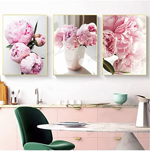 HTWLMM Rosa Pfingstrose Blumen Moderne Bilder Nordic Leinwandbild Poster 3 Set Wohnzimmer Deko Schlafzimmer Kinderzimmer Abstrakte Poster Rahmenlos (4,3X40X50CM)