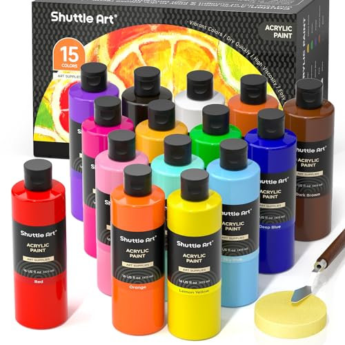 Shuttle Art Acrylfarben Set, 15 Acryl Farben in Flaschen (je 473ml, 16oz), hochpigmentierte Acrylic Paint, Acrylfarbe wasserfest für Künstler, Anfänger, Erwachsene auf Steine, Leinwand, Holz geeignet